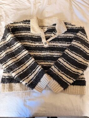 Maeve Black & Cream Striped Sherpa Knit Pullover